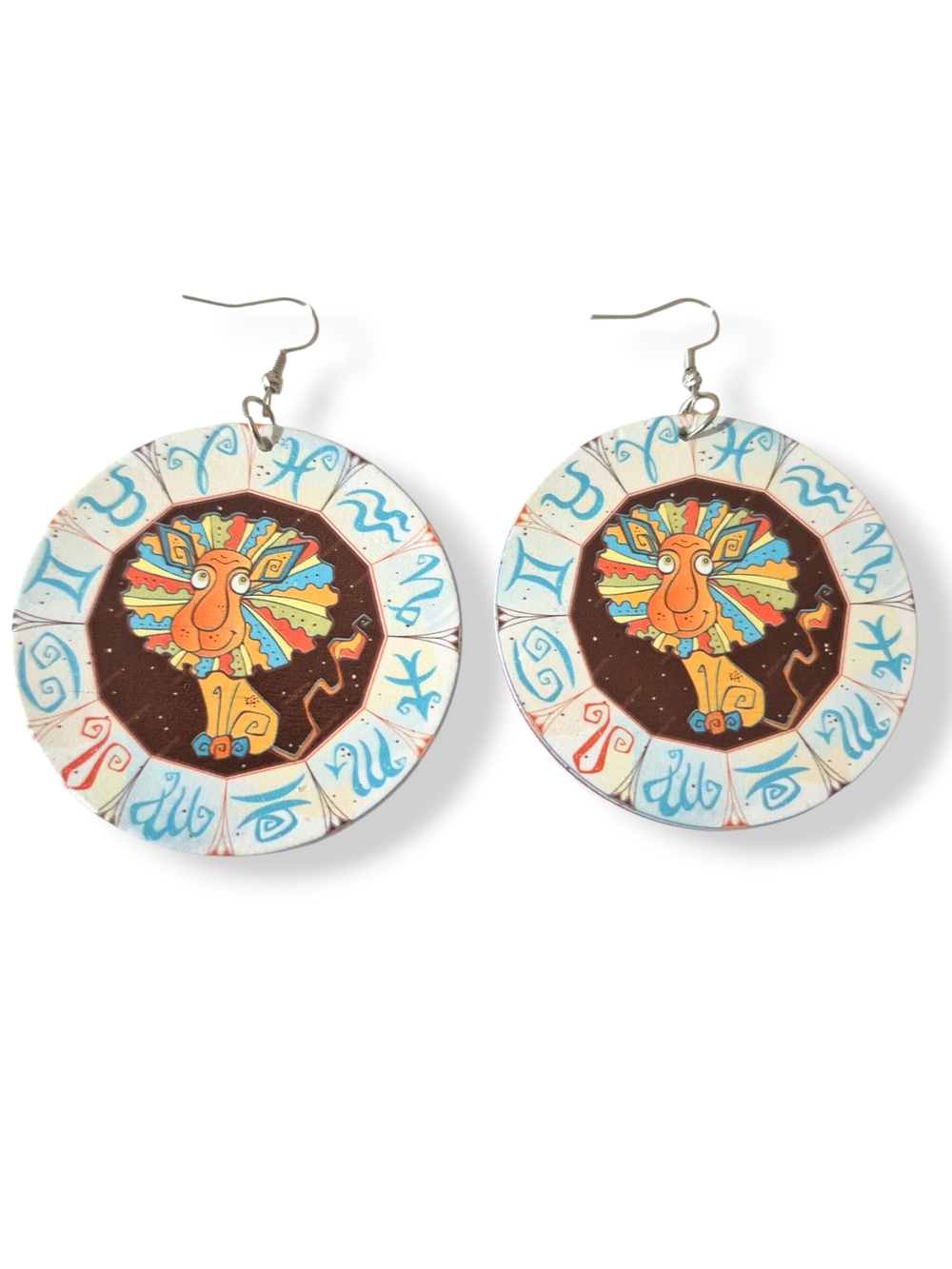 Whimsical Leo Zodiac Round Drop Disc Women Earrings ☆ JUMBO SIZE EXXAGERATED